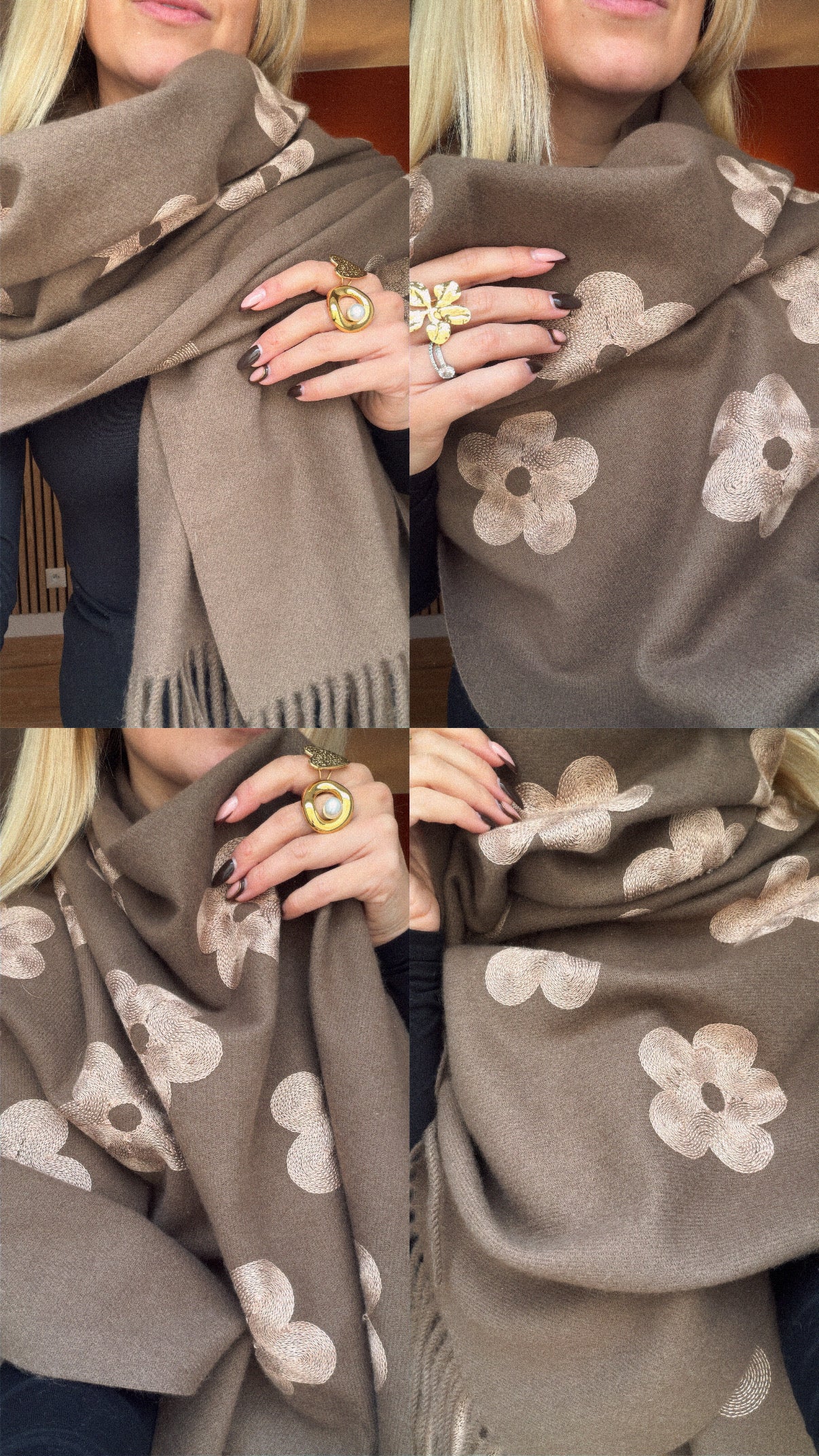 Écharpe marron fleurie en laine